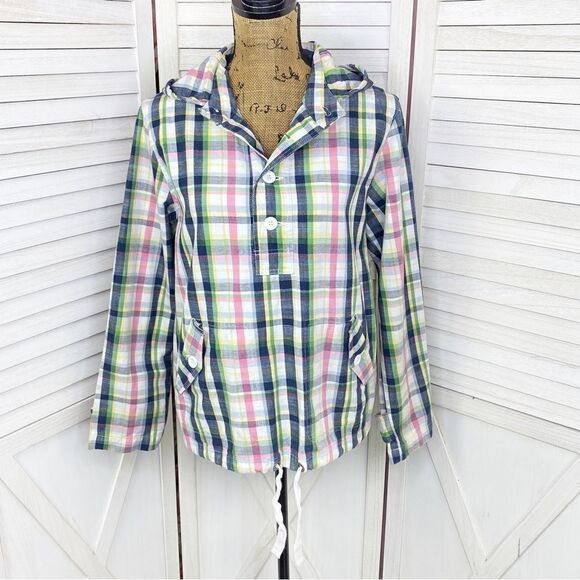 Merona Plaid Cotton Canvas Pullover Hoodie Jacket Pink Blue Small - Picture 1 of 15